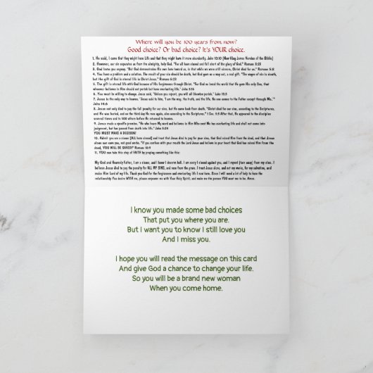 Carte chrétienne de détenu avec évangile pour soeu (Intérieur)