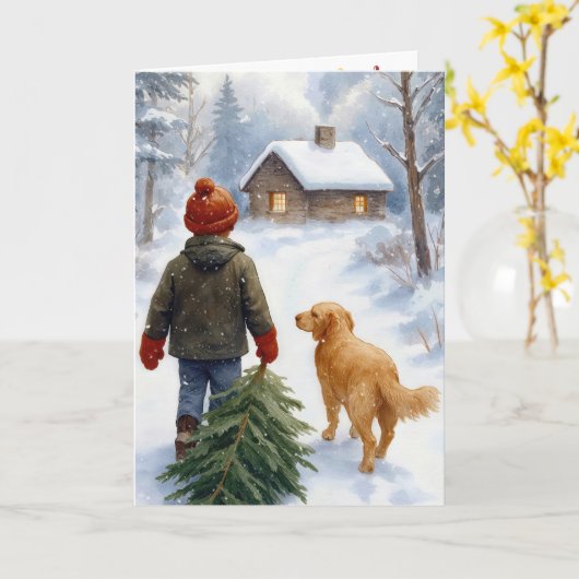 Carte Christmas Boy With Pine Tree and Dog (Fleur jaune)