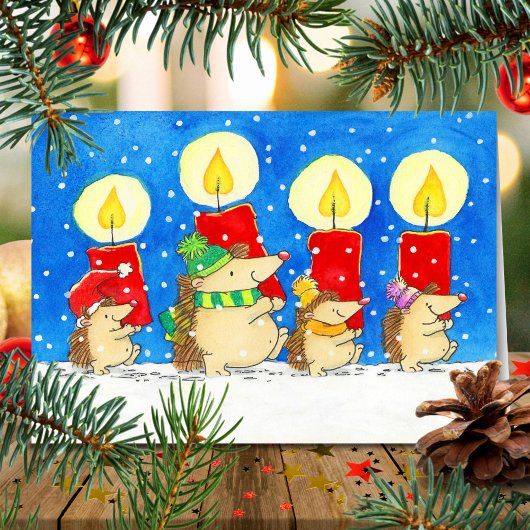 Carte Christmas Candles Hedgheogs Greeting