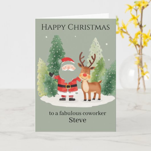 Carte Christmas Card for a Coworker – Santa and Reindeer (Fleur jaune)