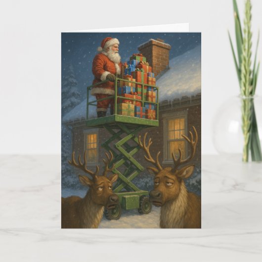 Carte Christmas card funny Santa on scissor lift (Devant)