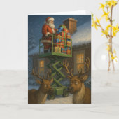 Carte Christmas card funny Santa on scissor lift (Fleur jaune)