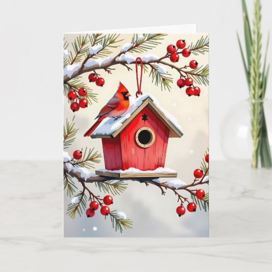 Carte Christmas Cardinal Birdhouse snowy pine branch (Devant)