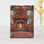 Carte Christmas Fireplace Red Stockings Lights (Fleur jaune)
