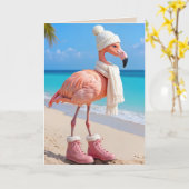 Carte Christmas Flamingo Wearing Winter Attire (Fleur jaune)
