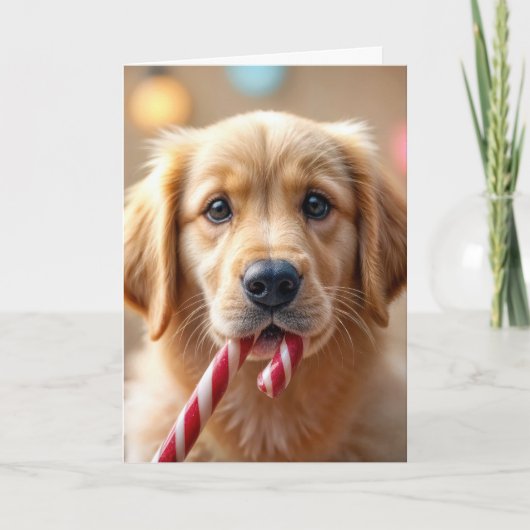 Carte Christmas Golden Retriever Puppy and a Candy Cane (Devant)
