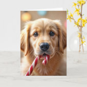 Carte Christmas Golden Retriever Puppy and a Candy Cane (Fleur jaune)