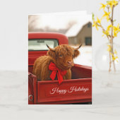 Carte Christmas Highland Cow In Old Red Pickup Truck (Fleur jaune)