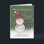Carte Christmas Joy Snowman de Custom Name<br><div class="desc">Ajoutez votre nom de famille à cette carte de Noël douce avec un joyeux bonhomme de neige et le message émouvant "Nous vous souhaitons,  vous et votre joie". Idéal pour répandre des réjouissances festives pendant cette période de fêtes.</div>
