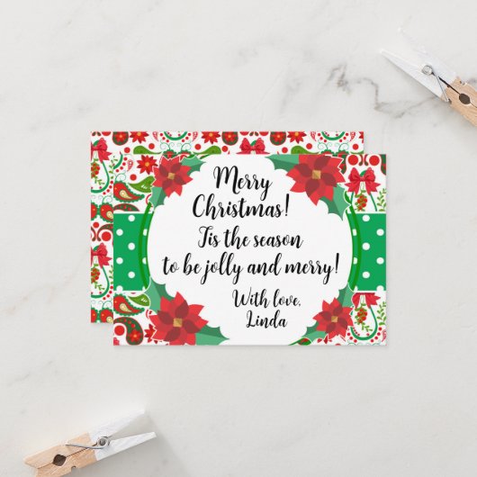 Carte Christmas Paisley & Poinsettia Jolly (Devant/Arrière en situation)