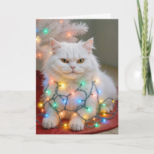 Carte Christmas Persian Cat Tangled in Holiday Lights (Devant)