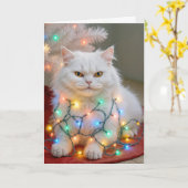 Carte Christmas Persian Cat Tangled in Holiday Lights (Fleur jaune)