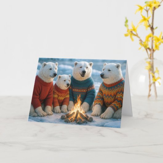 Carte Christmas Polar Bears Gathering Around a Bonfire (Fleur jaune)
