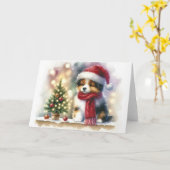 Carte Christmas Puppy with Santa Hat and Red Scarf Blank (Fleur jaune)