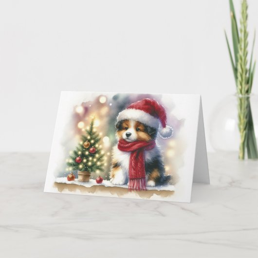 Carte Christmas Puppy with Santa Hat and Red Scarf Blank (Devant)