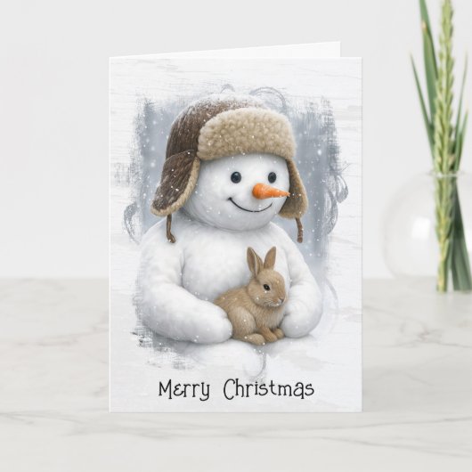 Carte Christmas Snowman In Winter Woods with Bunny (Devant)