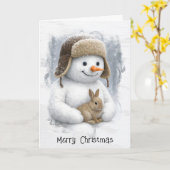 Carte Christmas Snowman In Winter Woods with Bunny (Fleur jaune)