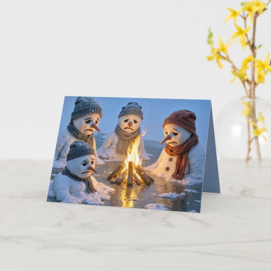 Carte Christmas Snowmen Melting Around a Campfire (Fleur jaune)