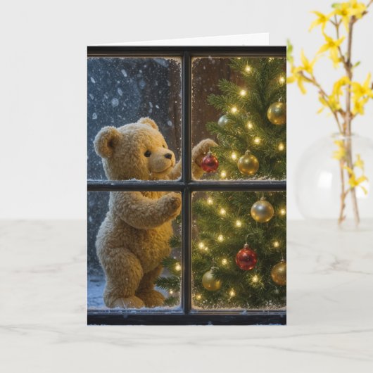 Carte Christmas Teddy Bear Decorating a Tree (Fleur jaune)