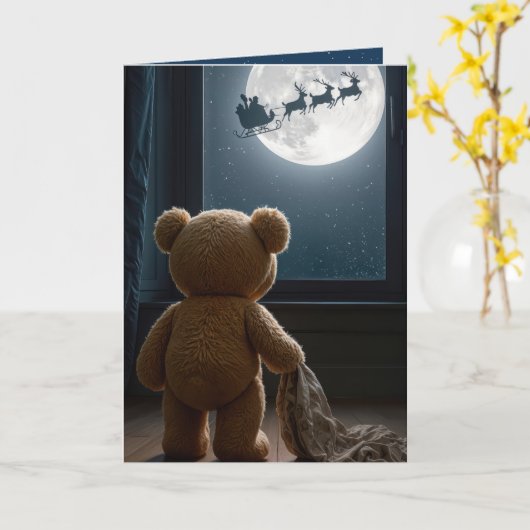 Carte Christmas Teddy Bear Watching Santa (Fleur jaune)