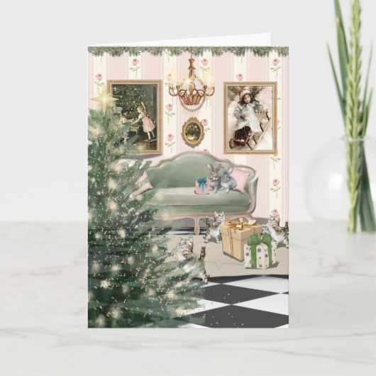 Carte Christmas with Cats and Bunnies Greeting Card (Devant)