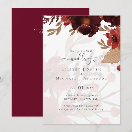 Carte Chute Floral Suite Mariage Terracotta Bourgogne Ro (Devant / Derrière)