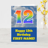 Carte Ciel bleu nuageux, Motif arc-en-ciel "12" Annivers (Fleur jaune)