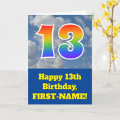 Carte Ciel bleu nuageux, Motif arc-en-ciel "13" Annivers (Fleur jaune)