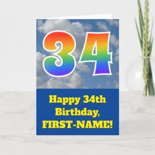 Carte Ciel bleu nuageux, Motif arc-en-ciel "34" Annivers