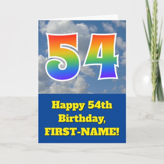 Carte Ciel bleu nuageux, Motif arc-en-ciel "54" Annivers (Devant)