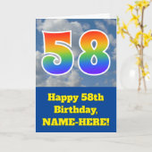 Carte Ciel bleu nuageux, Motif arc-en-ciel "58" Annivers (Fleur jaune)