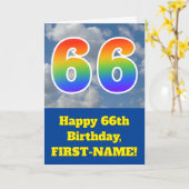 Carte Ciel bleu nuageux, Motif arc-en-ciel "66" Annivers (Fleur jaune)