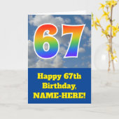 Carte Ciel bleu nuageux, motif arc-en-ciel "67" Annivers (Fleur jaune)