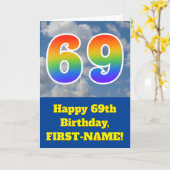 Carte Ciel bleu nuageux, Motif arc-en-ciel "69" Annivers (Fleur jaune)