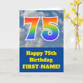 Carte Ciel bleu nuageux, Motif arc-en-ciel "75" Annivers (Fleur jaune)