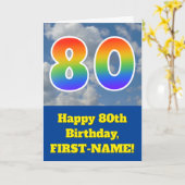 Carte Ciel bleu nuageux, Motif arc-en-ciel "80" Annivers (Fleur jaune)