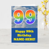 Carte Ciel bleu nuageux, Motif arc-en-ciel "99" Annivers (Fleur jaune)
