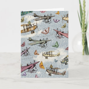 Carte Ciel vintage - avions et papillons