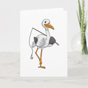 Carte Cigogne en pêcheur avec canne à pêche