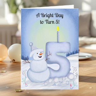Carte Cinq ans d'anniversaire Bonhomme de neige enneigé