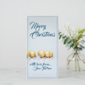 Carte Cinq boules de Noël dorées - écriture bleue (Debout devant)
