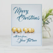 Carte Cinq boules de Noël dorées - écriture bleue (Debout devant)