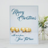 Carte Cinq boules de Noël dorées - écriture bleue (Debout devant)
