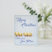 Carte Cinq boules de Noël dorées - écriture bleue (Debout devant)