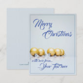 Carte Cinq boules de Noël dorées - écriture bleue (Devant / Derrière)