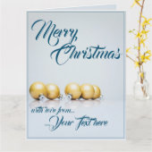 Carte Cinq boules dorées de Noël - écriture bleue (Fleur jaune)