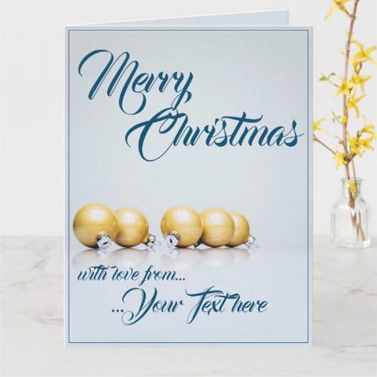 Carte Cinq boules dorées de Noël - écriture bleue (Fleur jaune)