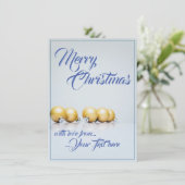 Carte Cinq boules dorées de Noël - écriture bleue (Debout devant)