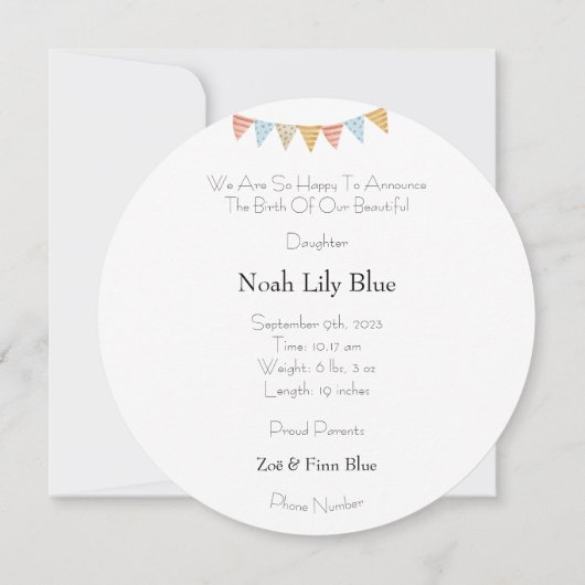 Carte (Circle) - Birth Announcement Elephant (Dos)