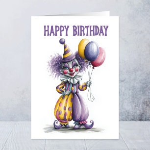 Carte Cirque joyeux clown tenant des ballons anniversair